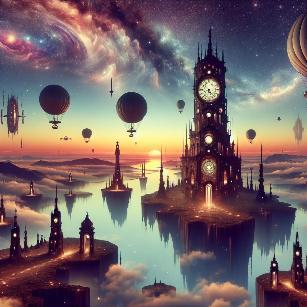 Timeless Fantasy Realm with Floating Islands and Airships
