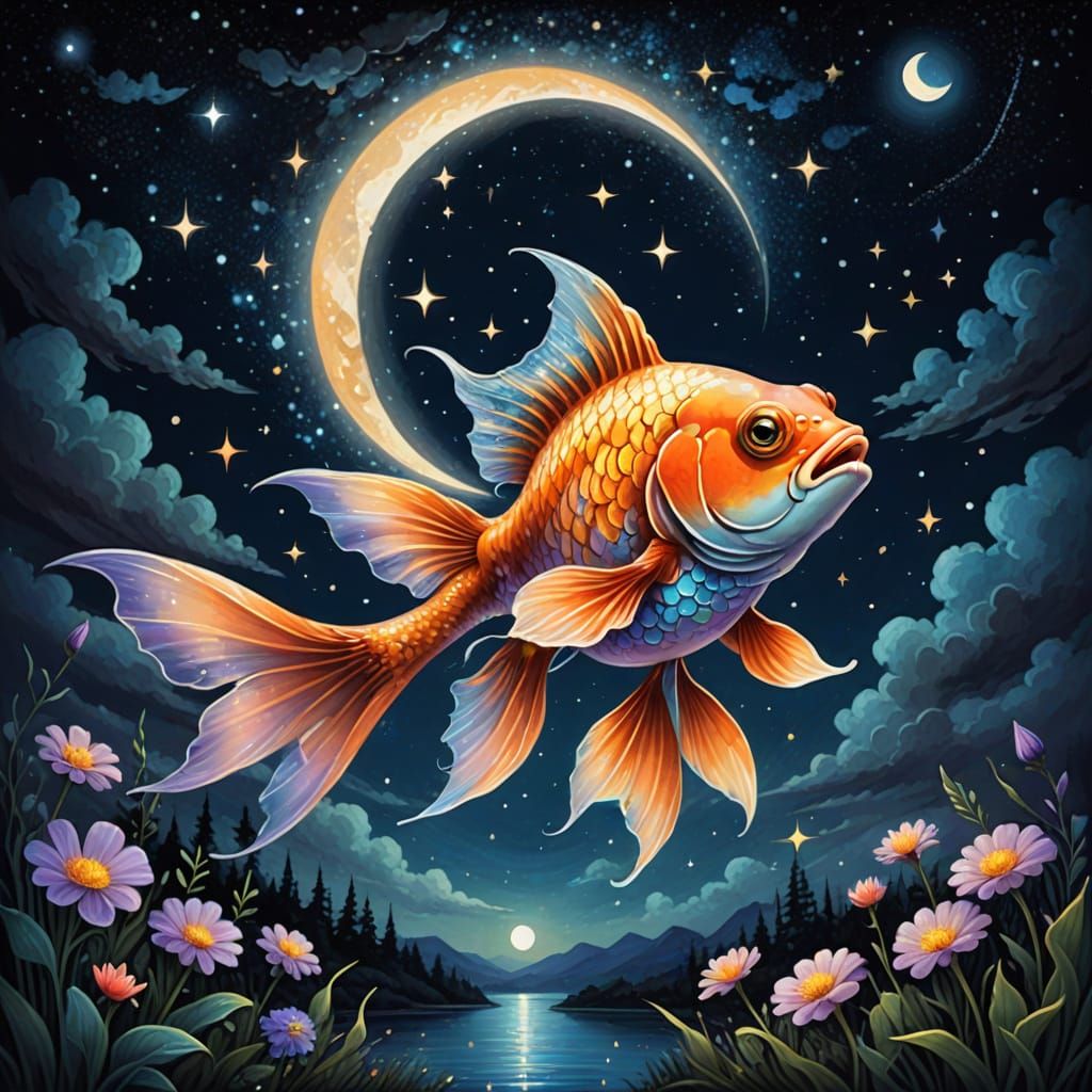 Dreamy Goldfish Soars Under Half-Moon in Whimsical Fantasy I...