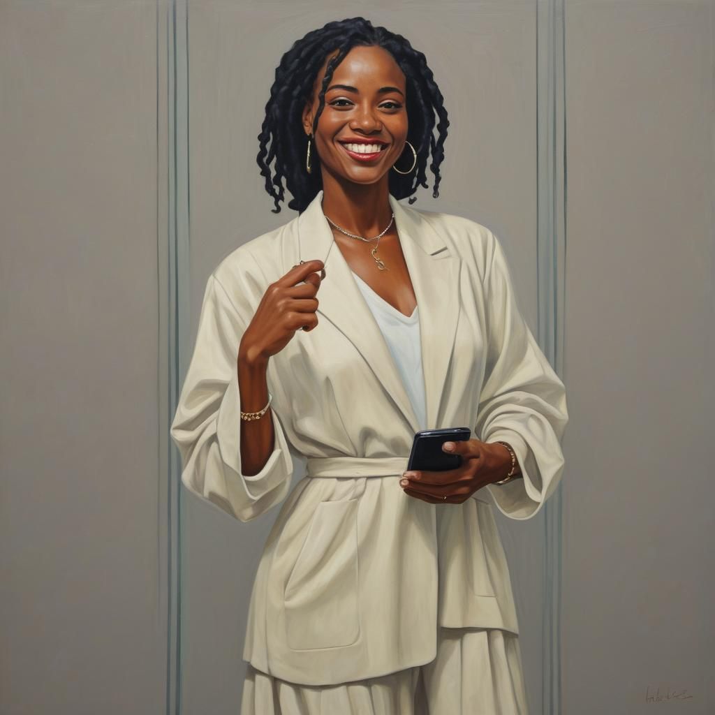 Smiling Woman in Uber: Art Deco Oil Painting