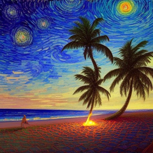 Bioluminescent Beach Bonfire Under Starry Night