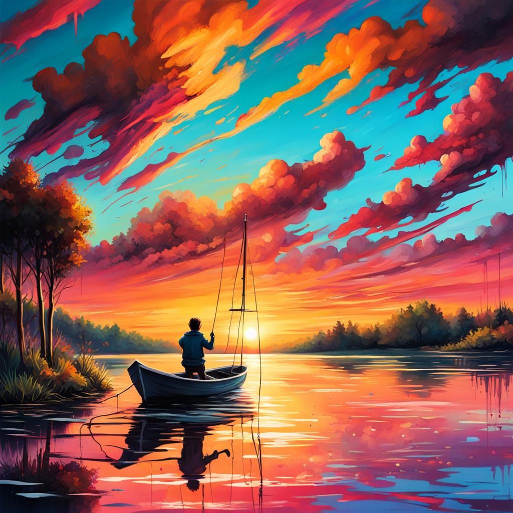 Sunset Lake Scene in Graffiti Art Style