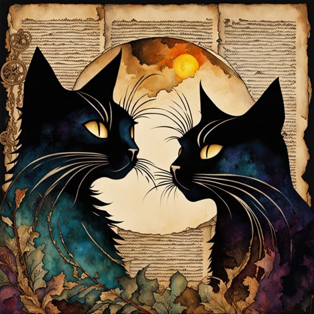 Whimsical Modigliani Cats in a Dreamlike Golden Age Scene