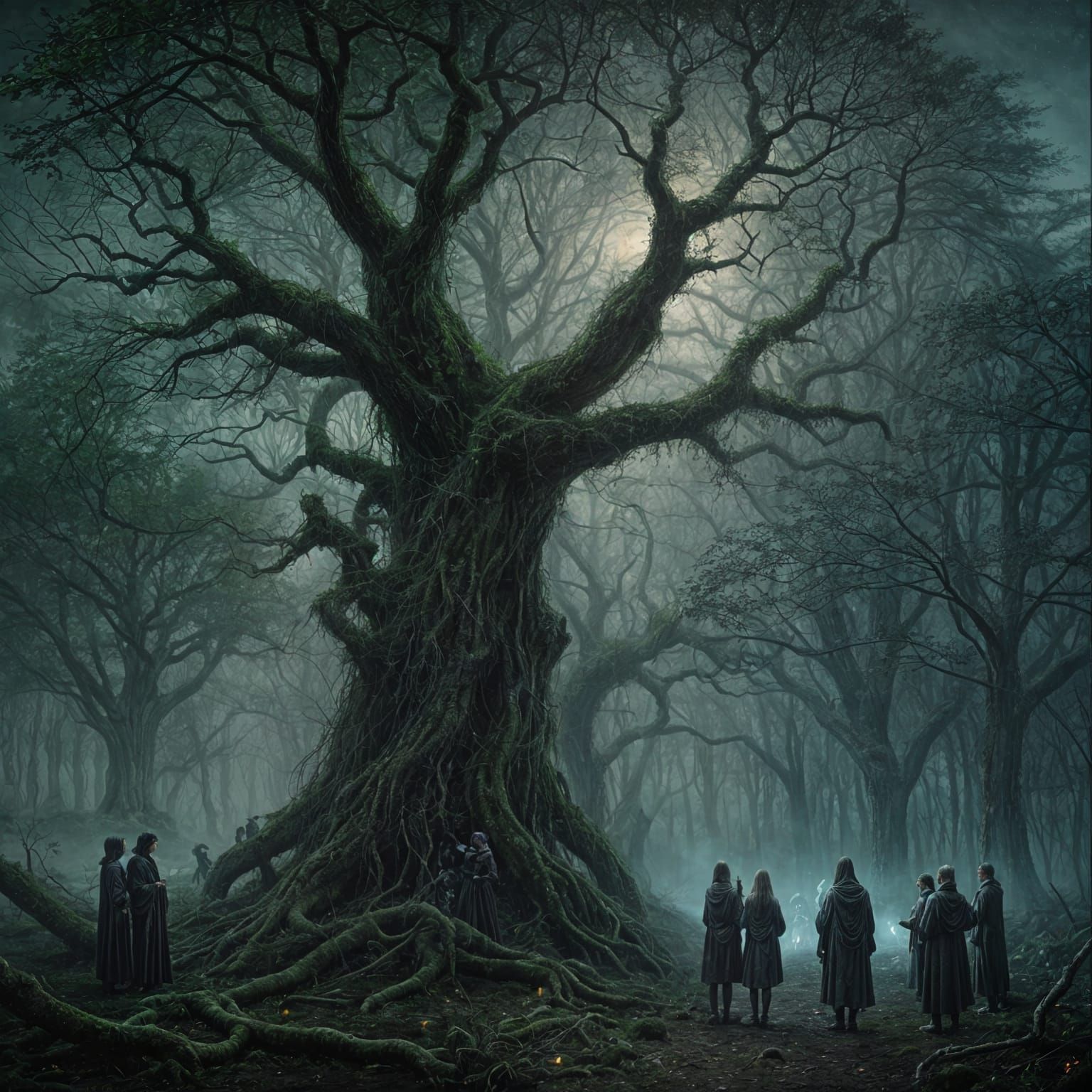 Lovecraftian Ritual in Dark Woods: Oil Painting