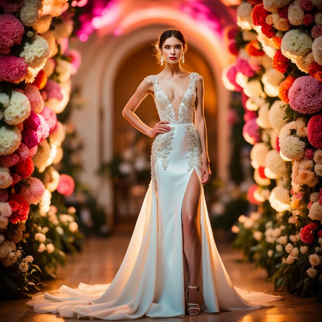 Elegant Wedding Dress Surrounded by Fluorescent Flowers