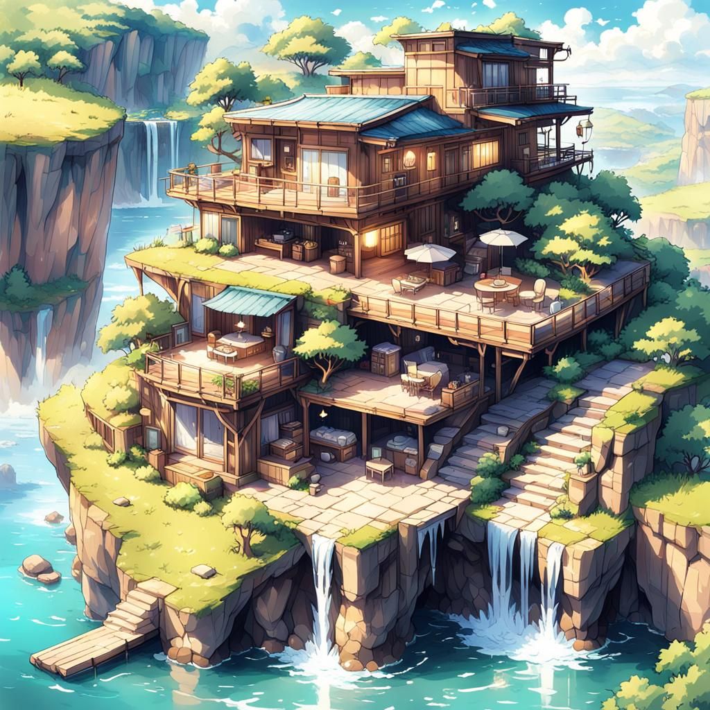 Cliffside House by Watering Hole in Anime Style