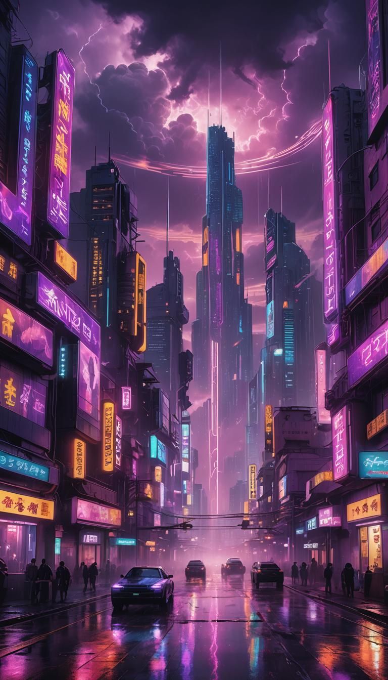 Rainbow Neon Illuminates a Cyberpunk Cityscape