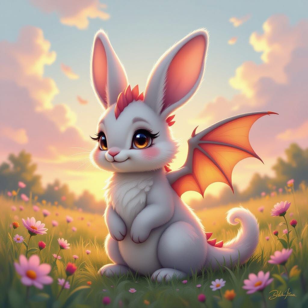 Bunny Dragon Hybrid in Whimsical Meadow