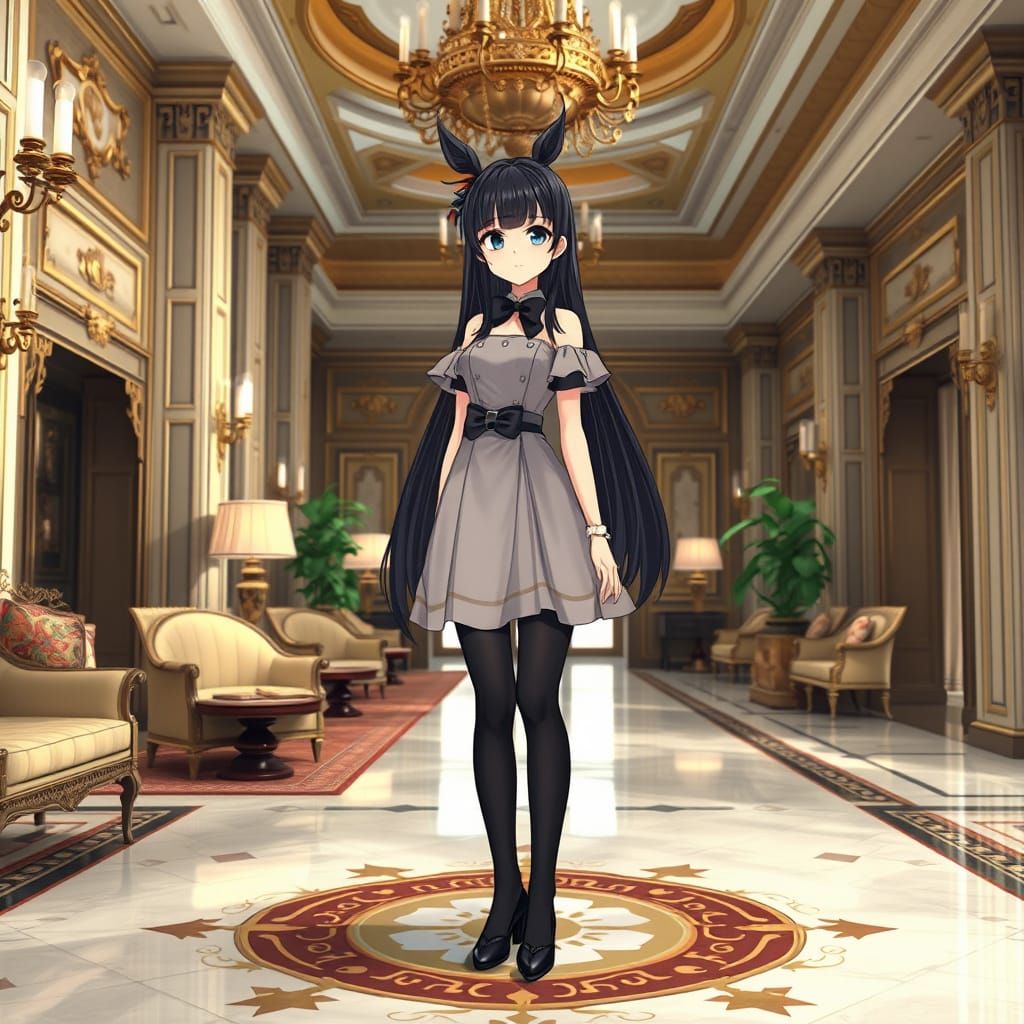 Anime Neko Girl in Elegant Luxury Hotel Lobby