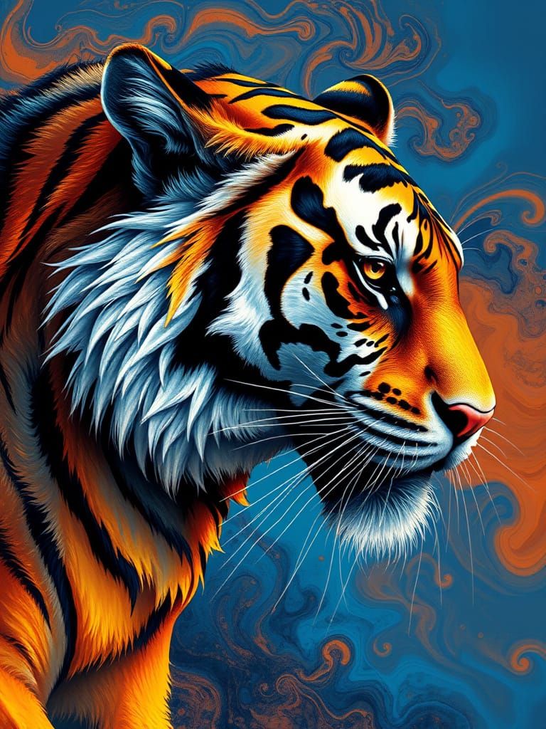 Hyperrealistic Anime Tiger Head in 3D Alcohol Ink Art