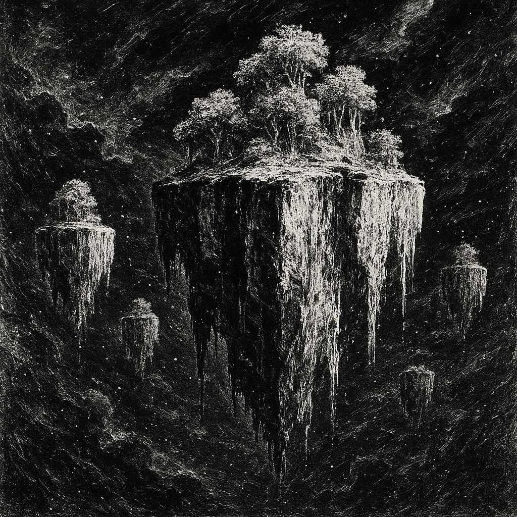 Magnificent Floating Islands in Ink Negative Drawing Style