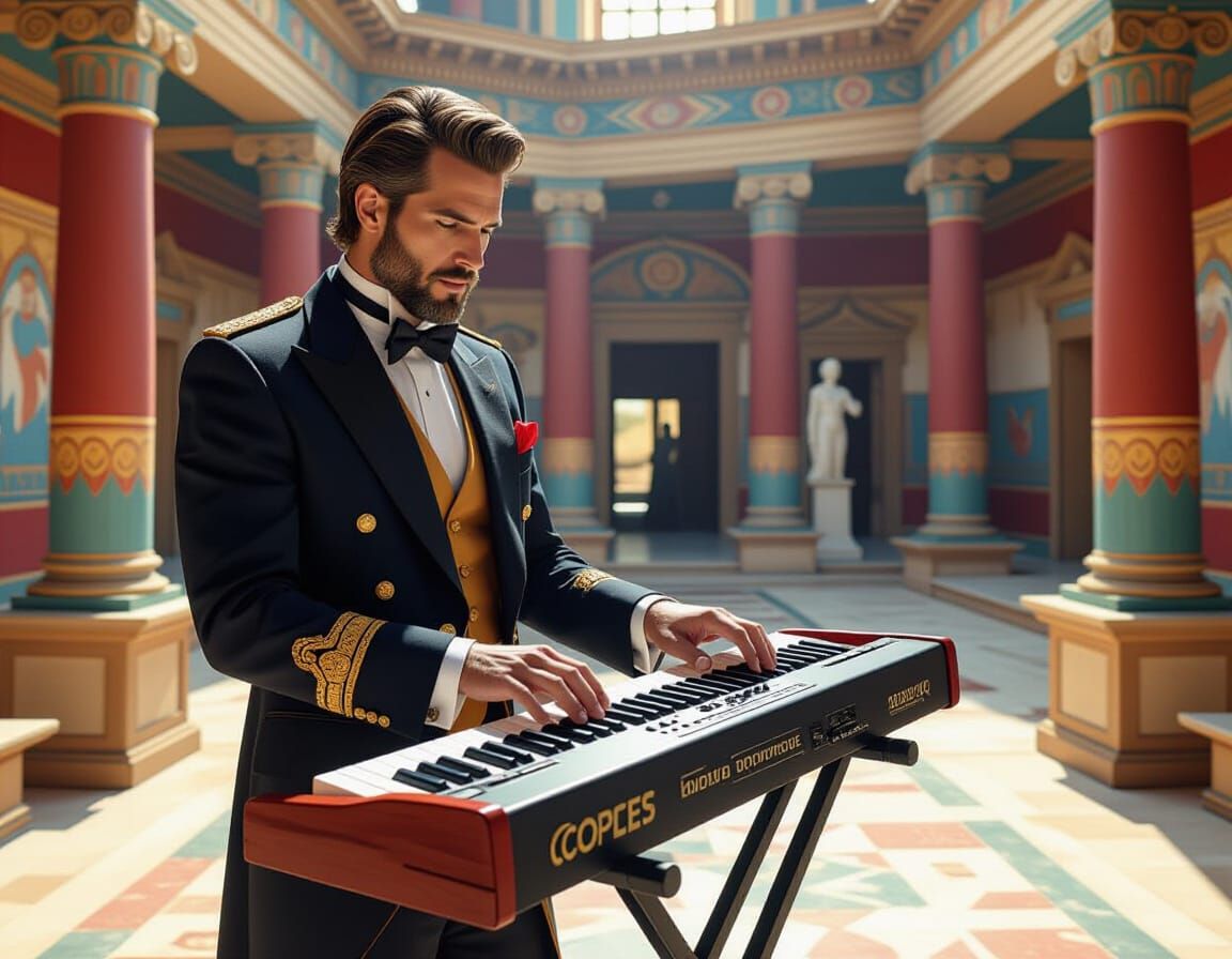 Man in Diplomatic Suit Plays Synthesizer in Knossos Palace