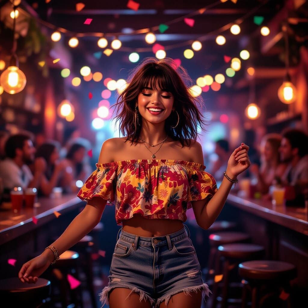 Teen Girl Dancing in Bohemian Bar with Confetti