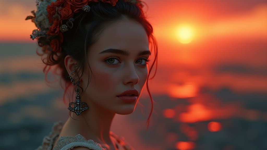 Woman in Ethereal Sunset Light with Melancholic Eyes