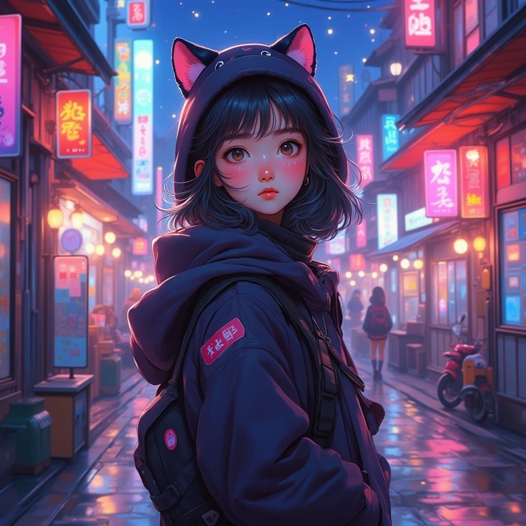 Ninja Girl in Neon Tokyo Street, Anime Style