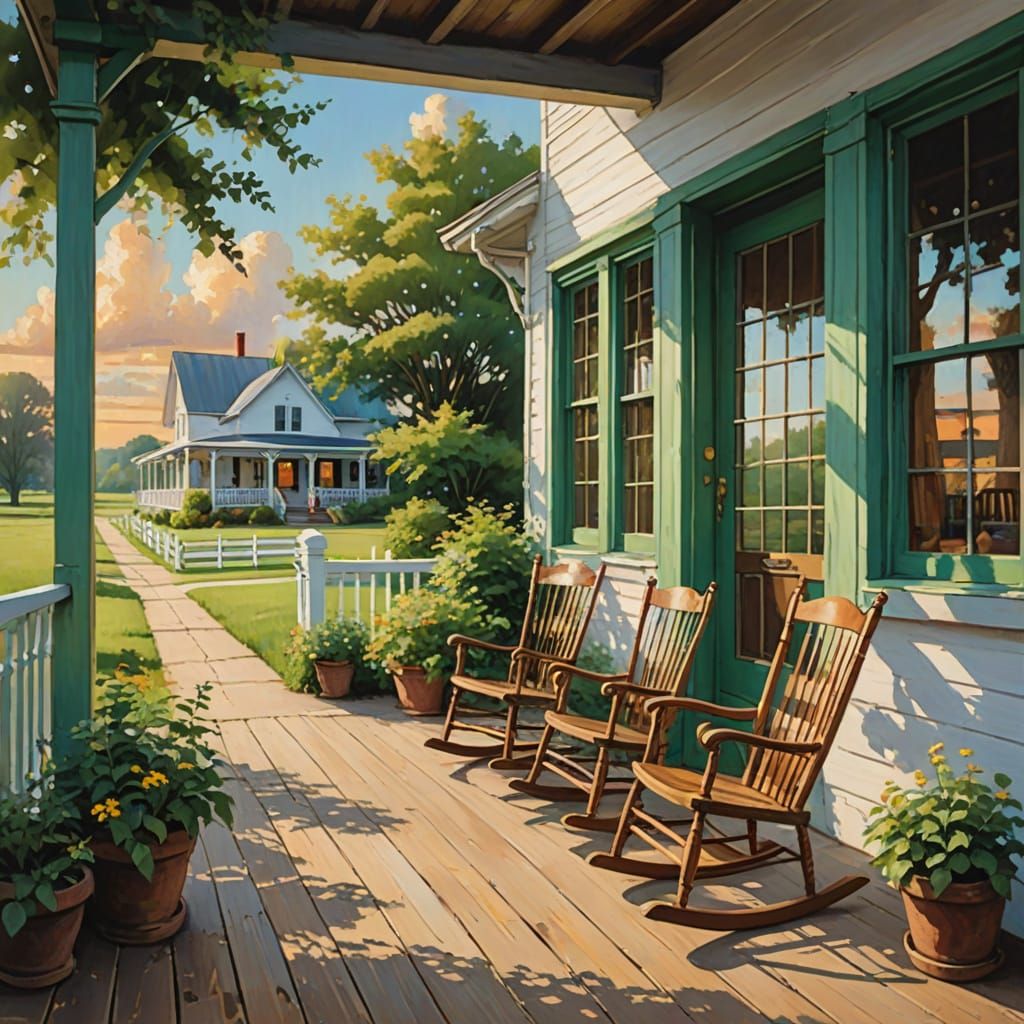 Idyllic Landscape Painting of Amish Rocking Chairs