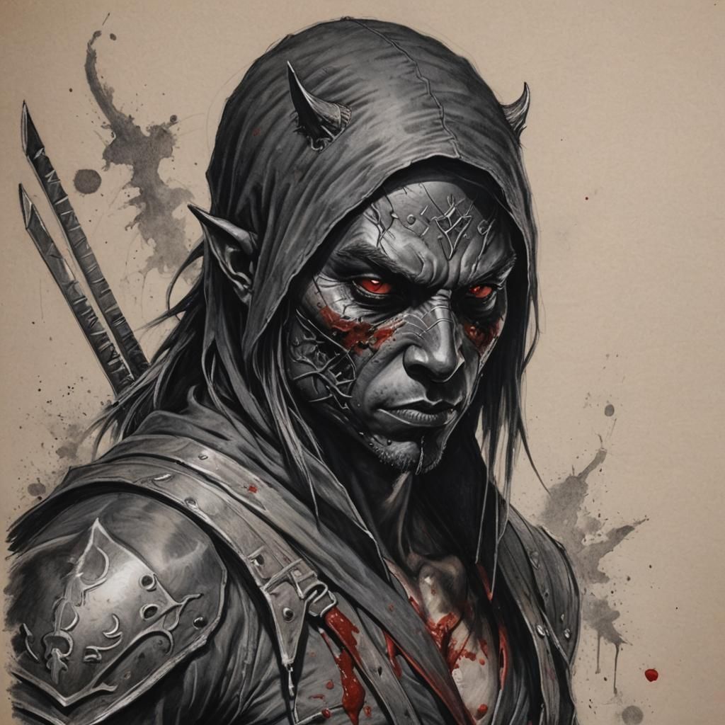 Drow-Demon Ninja Assassin: Hyperdetailed Charcoal Drawing