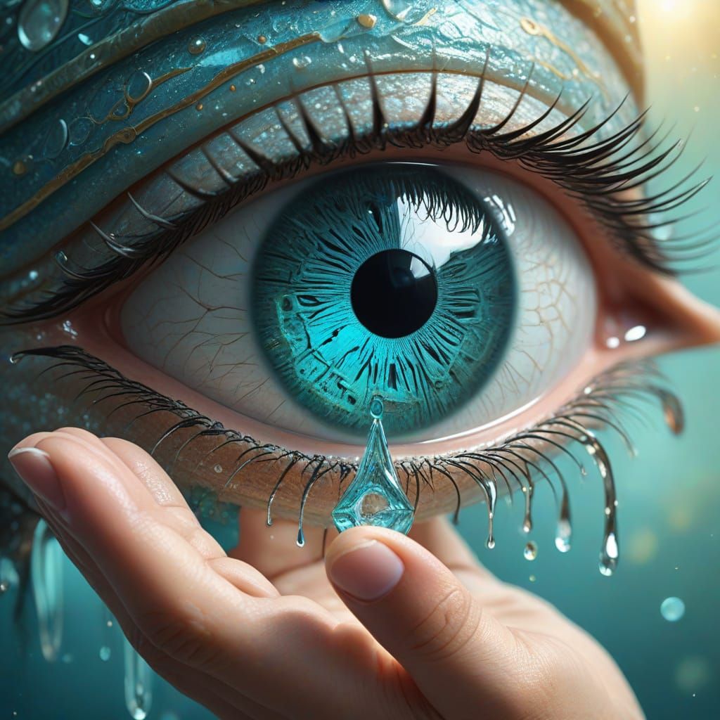 A magical crystal-clear glass Eye of Horus (Wedjat) emerging gracefully from a human hand, its body shimmering with tran...