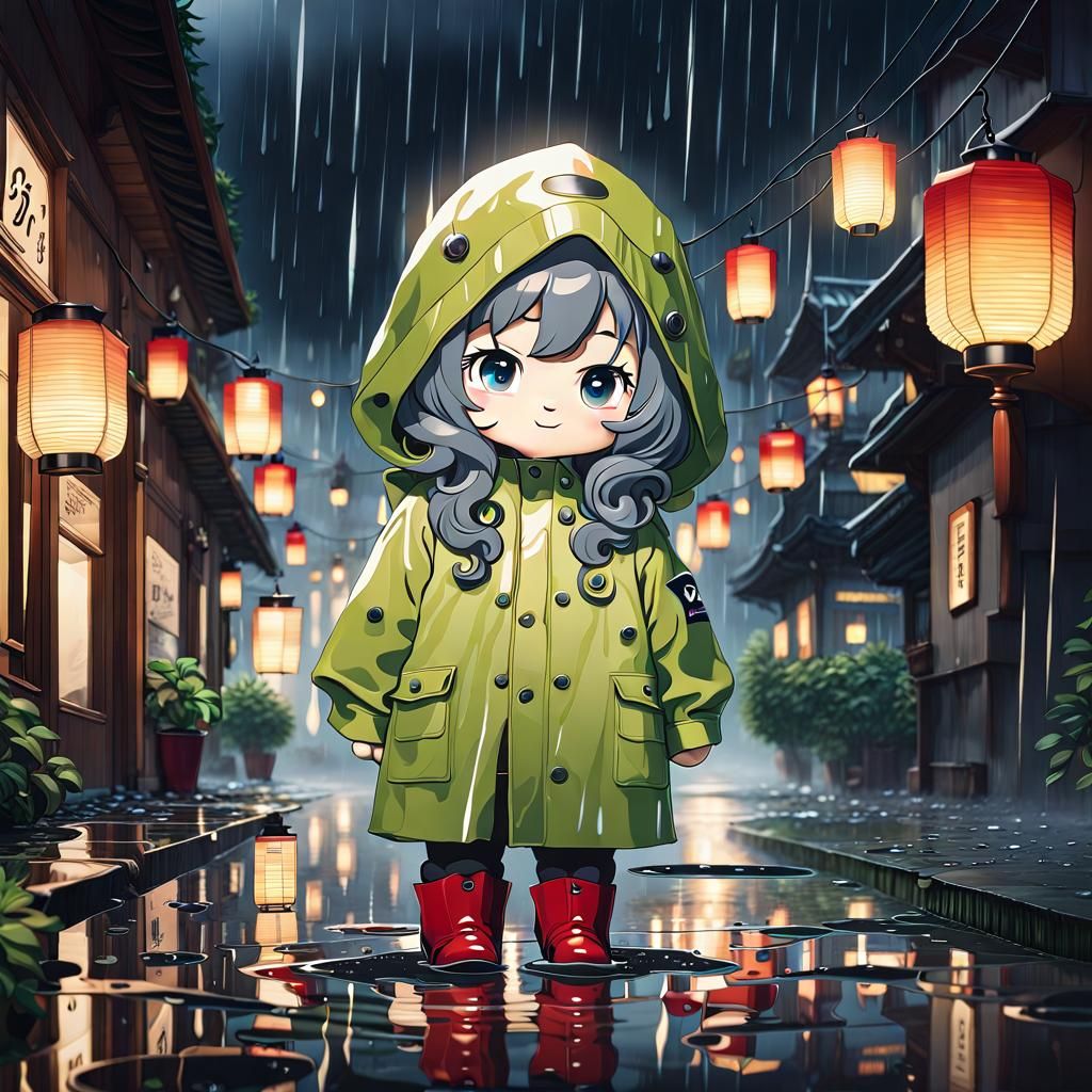 Chibi Girl in Rain: Anime-Inspired Night Scene