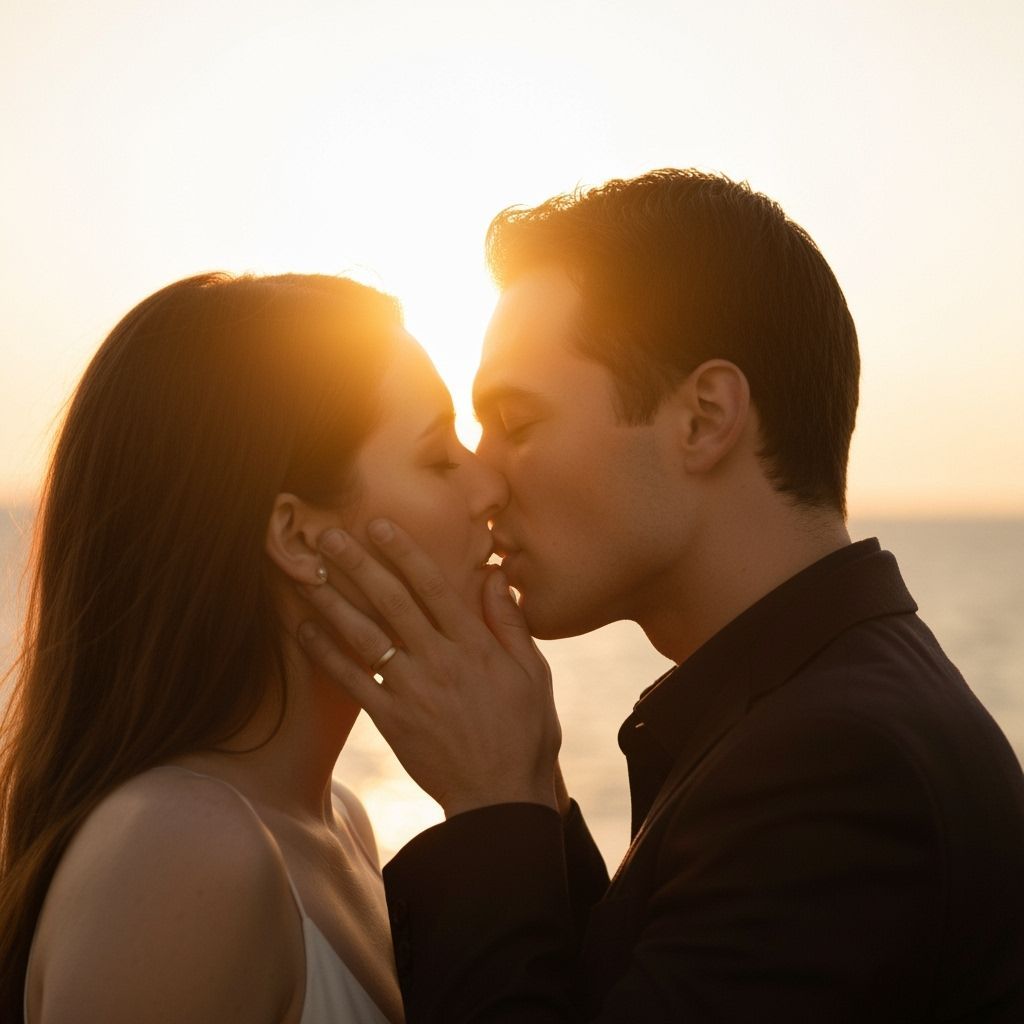 Passionate Couple Kissing in Golden Sunset Light