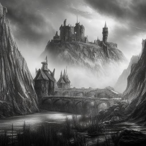 Epic Dark Fantasy Castle Charcoal Drawing
