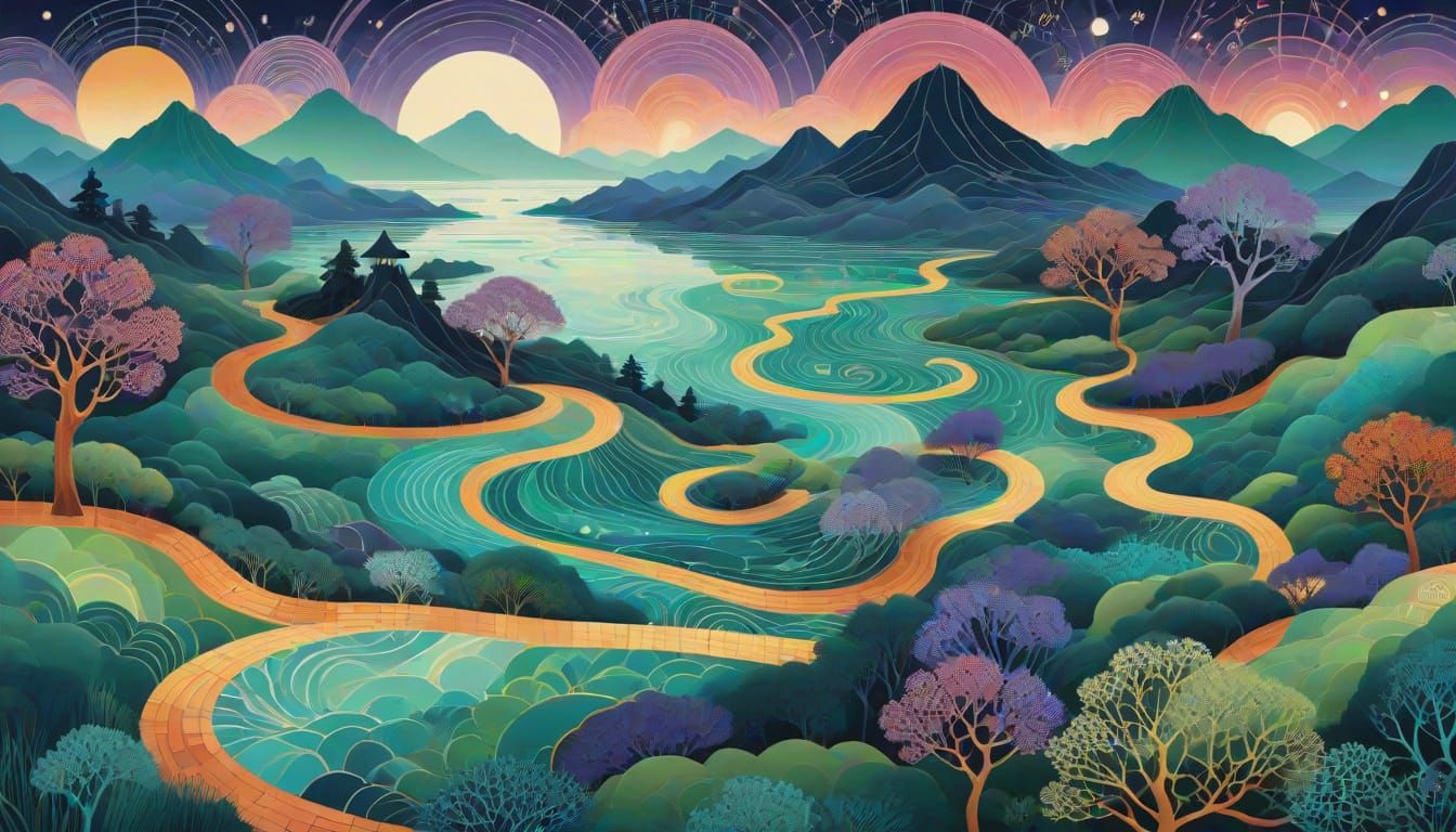 Infinity Road in Mysterious Cityscape with Swirling Patterns