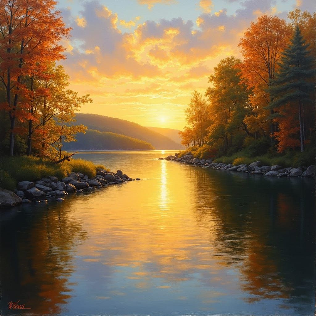 Golden Sunset on a Tranquil Lake in Impressionist Style