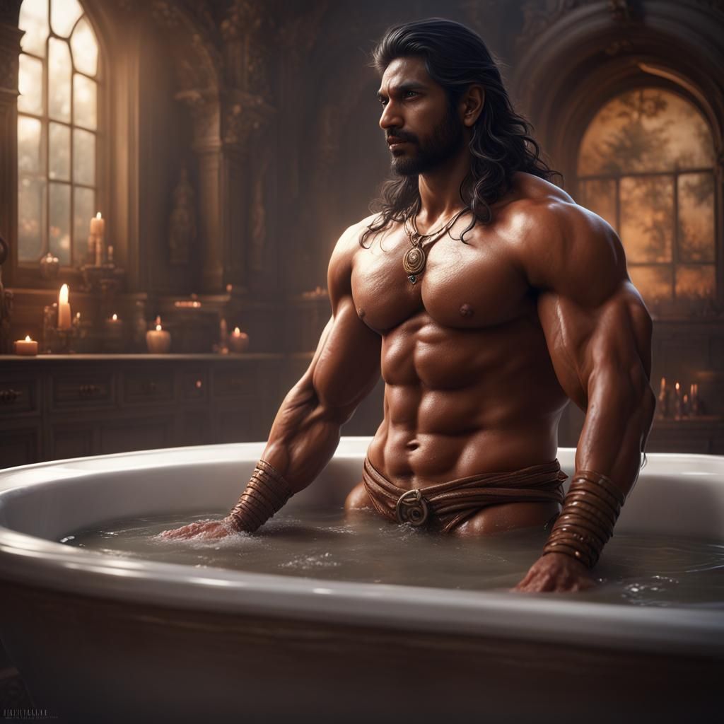 Handsome Indian Man with Abs in Bathtub