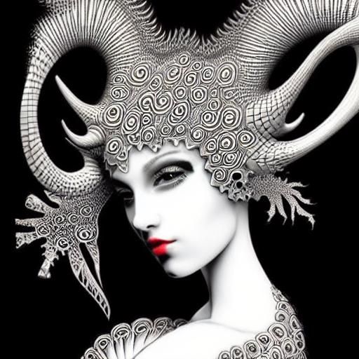 Sad Faun Girl with Deer Antlers in Ink Drawing