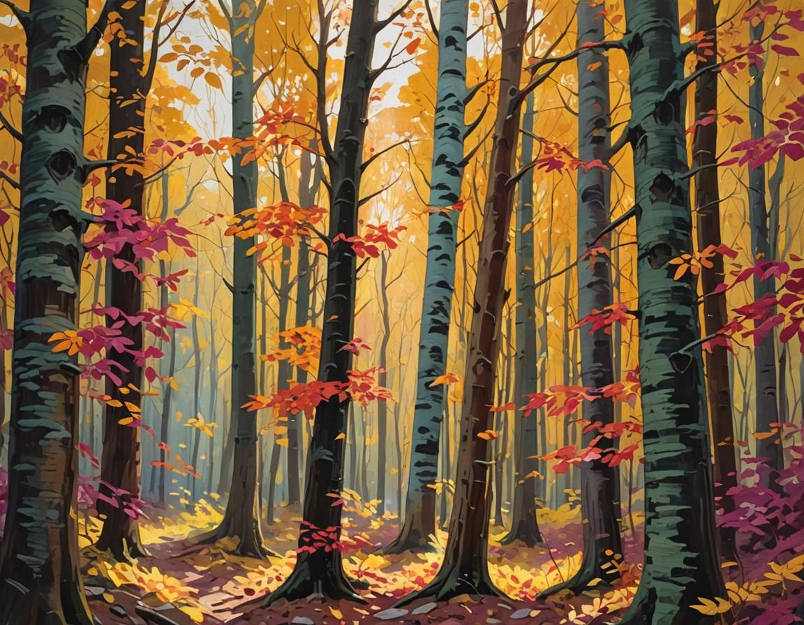 Autumn Forest in Impressionist Gouache Style