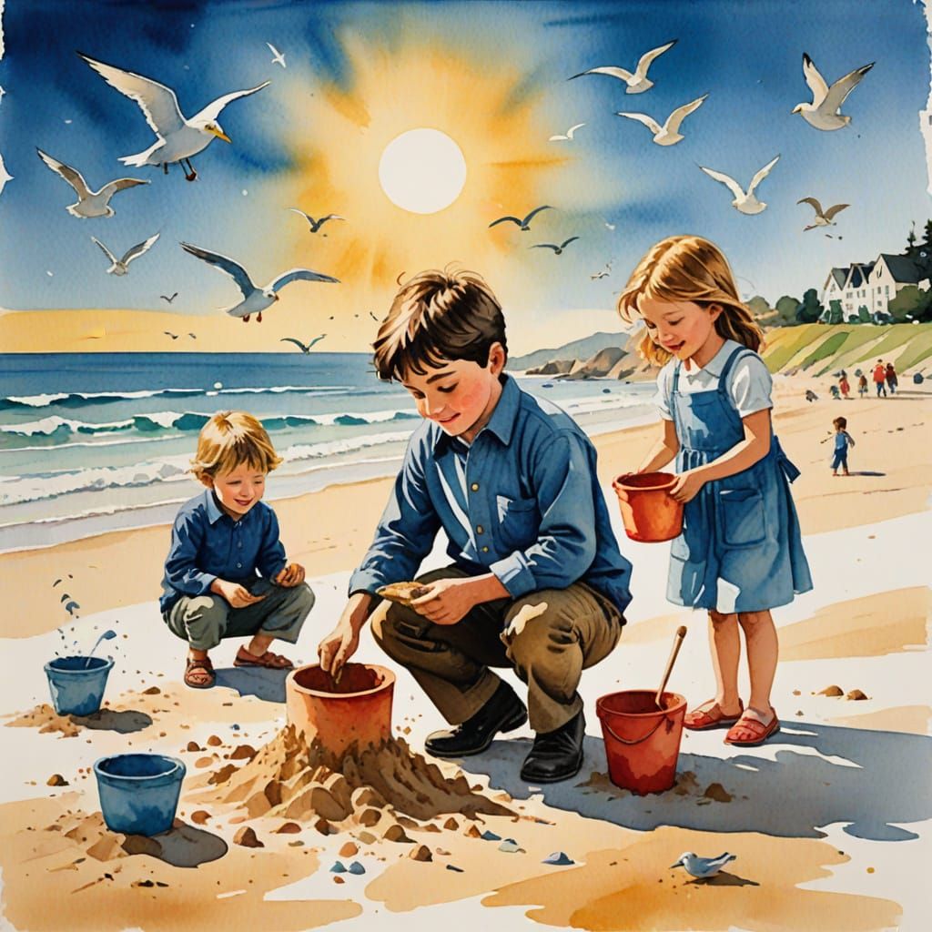 Whimsical Children's Beach Scene Watercolor Illustration