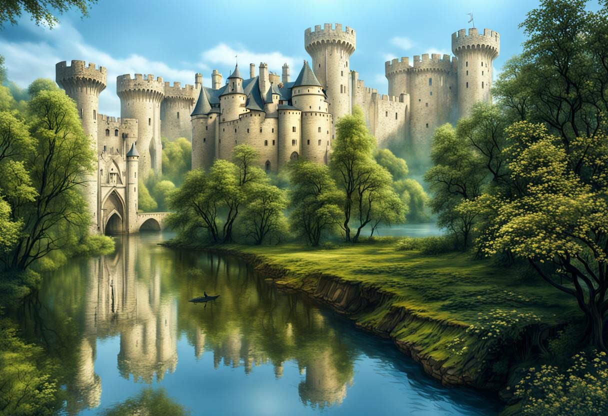 Riverside Castle with Blue Banners in Medieval Style