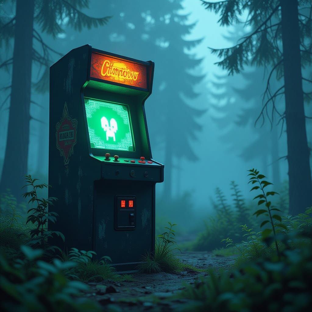 Forgotten 80s Arcade Cabinet in Misty Forest