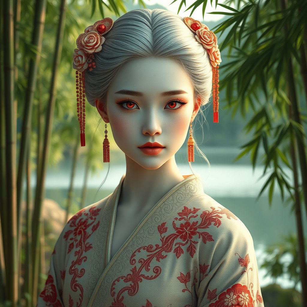 Albino Woman in Hanfu: Art Nouveau Bamboo Forest