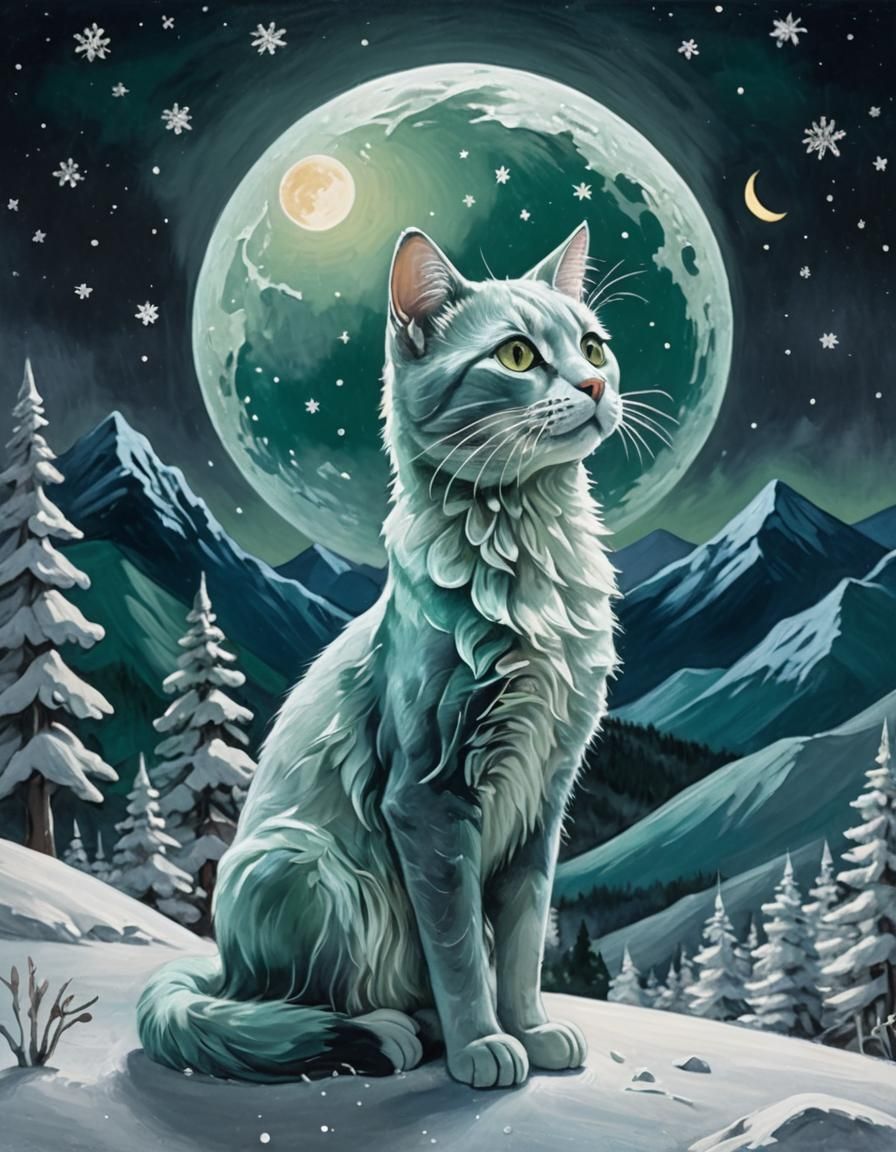 Whimsical Cat in Snowy Landscape: Pastel Chalk Art