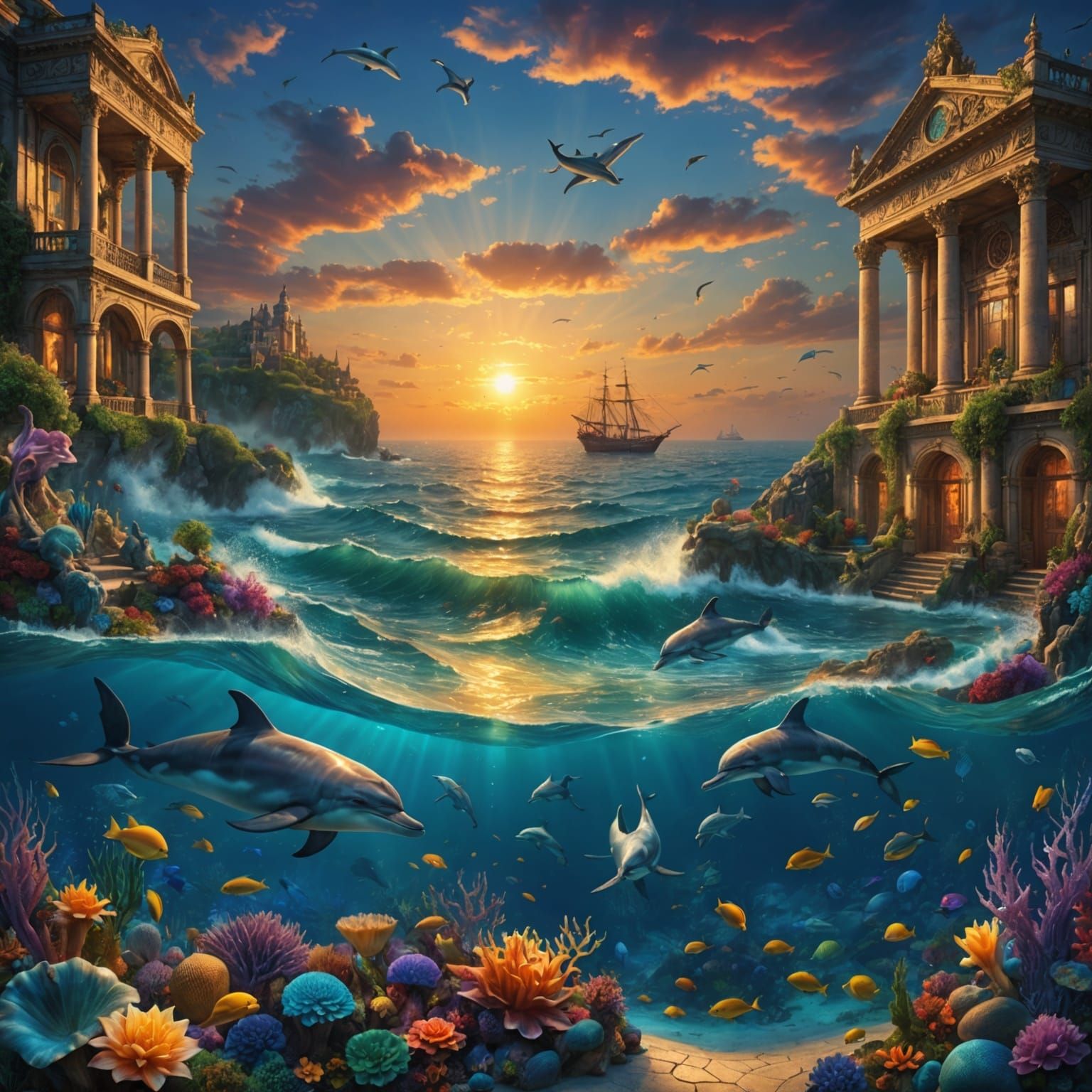 Dolphins and Mermaids Greet the Sunrise: Digital Seascape