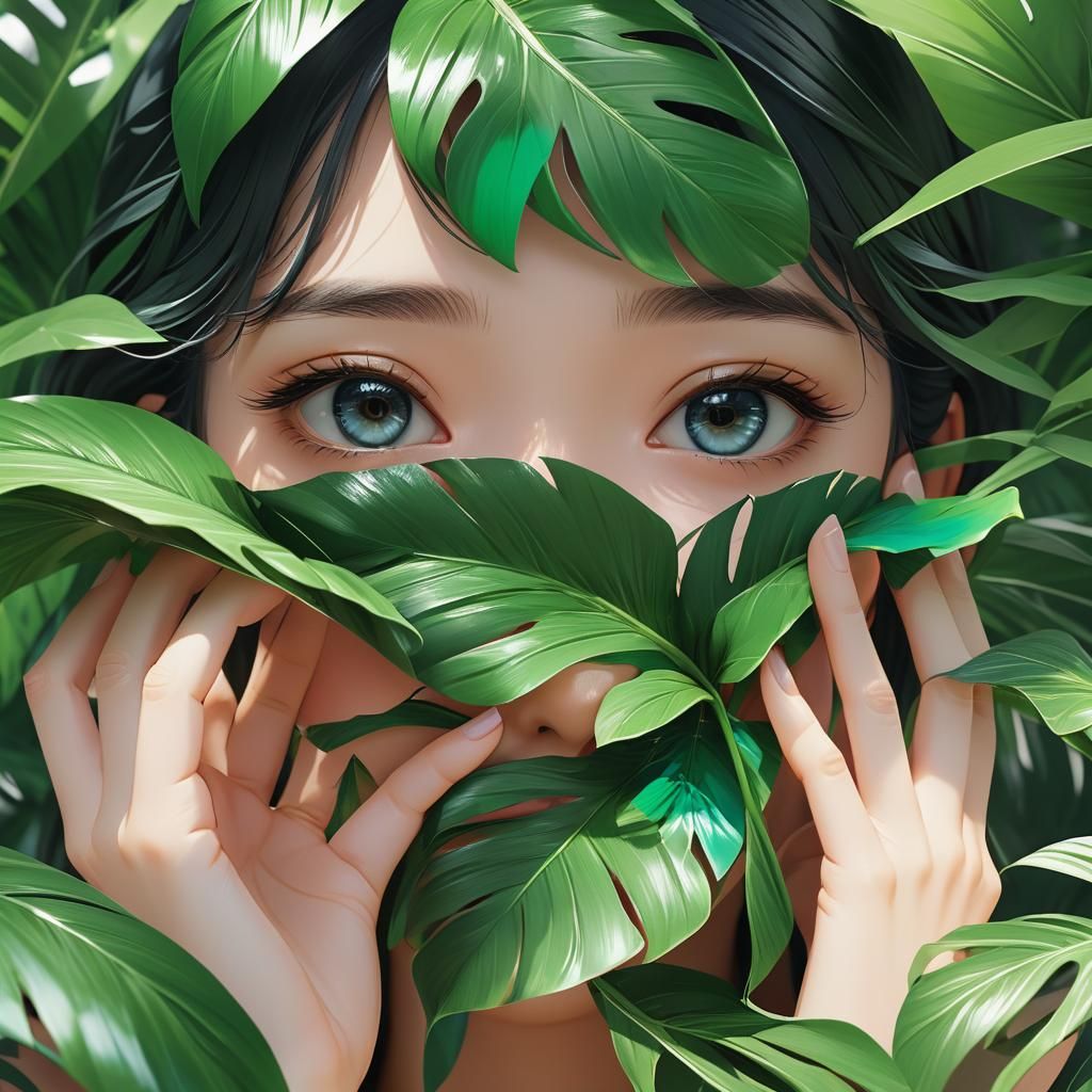 Woman with Tropical Leaf in Anime Style