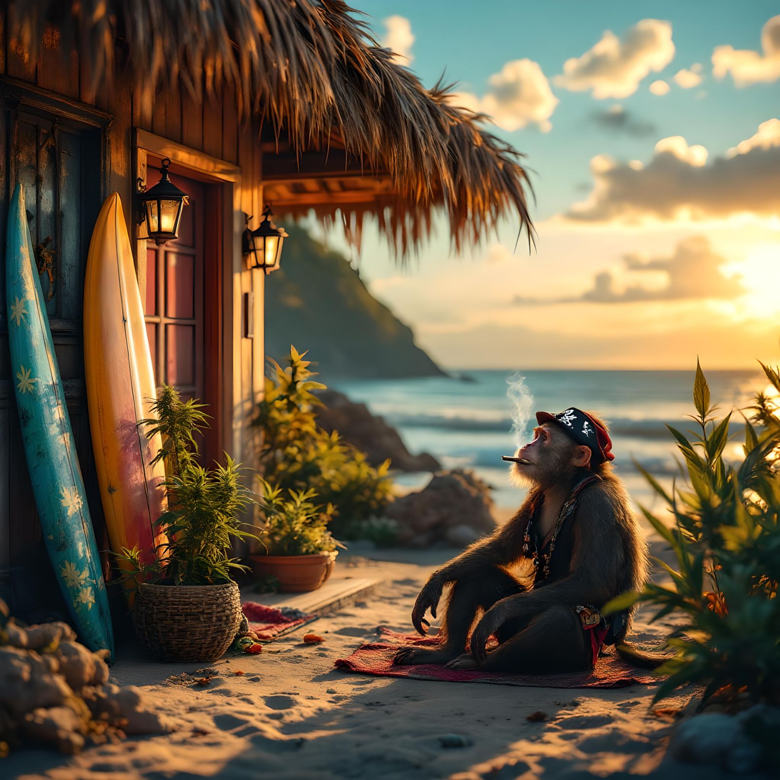 Beachside Hut Scene with Pirate Monkey