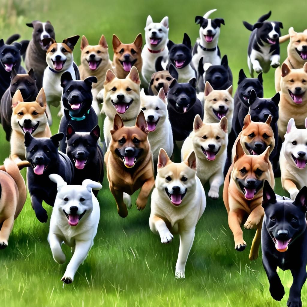 Dogs Running Free in Peaceful Field as Cel Shading