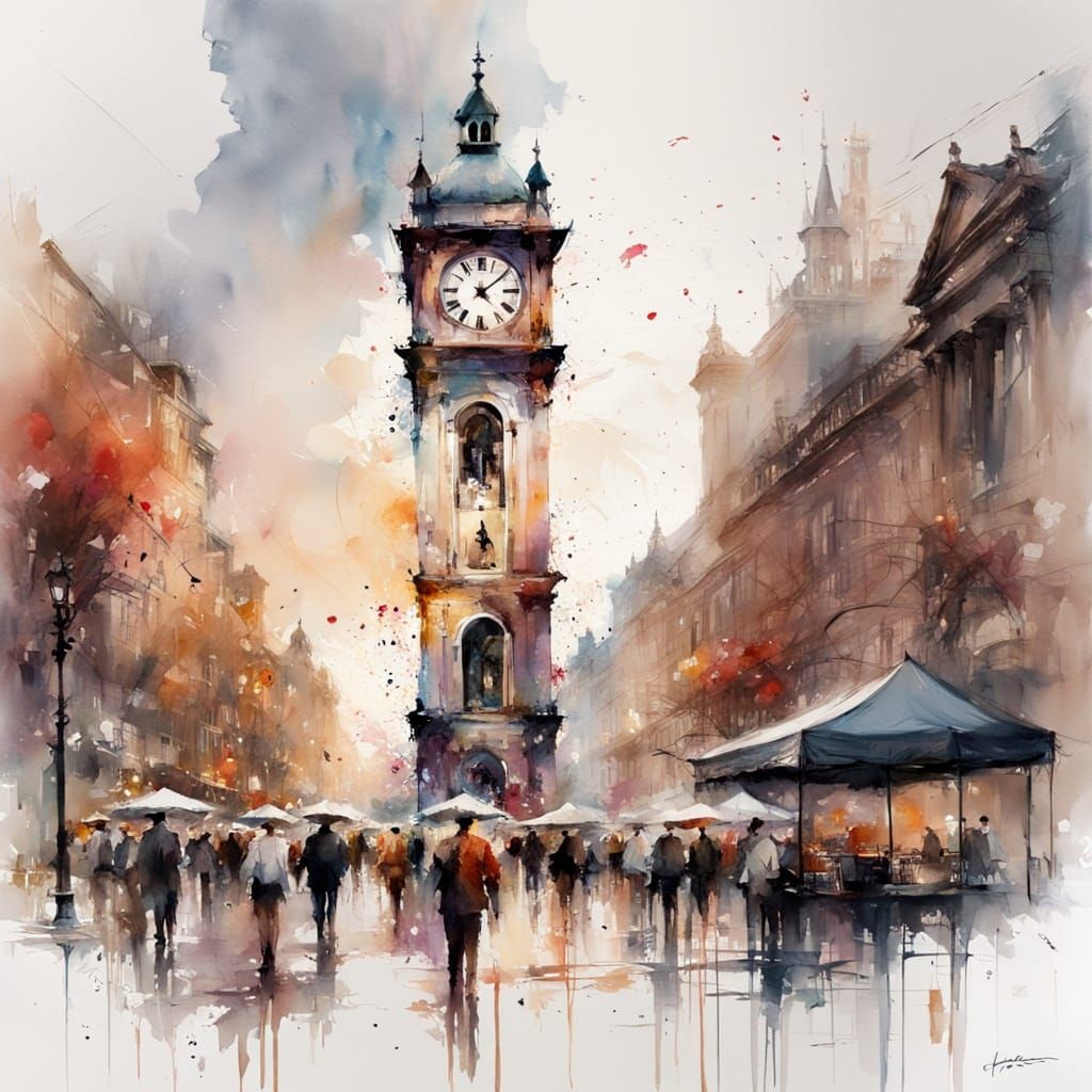 Ethereal Cityscape at Sundown in Timeless Watercolour Style
