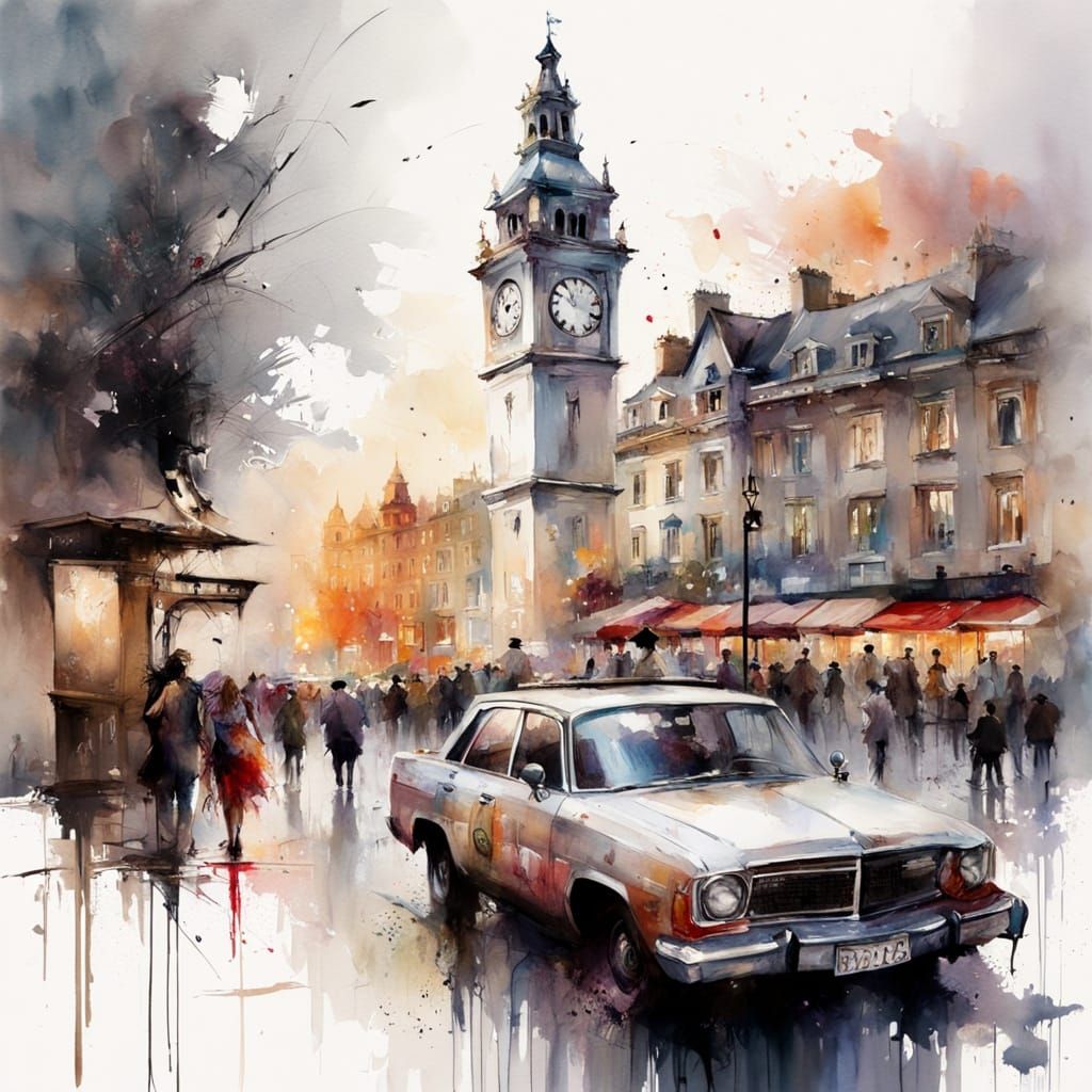 Timeless Clock Tower in Vibrant City Square at Sundown