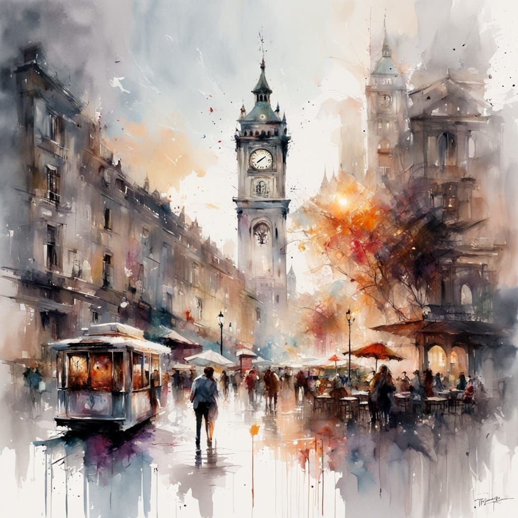 Timeless Clock Tower in a Bustling City Square at Sundown