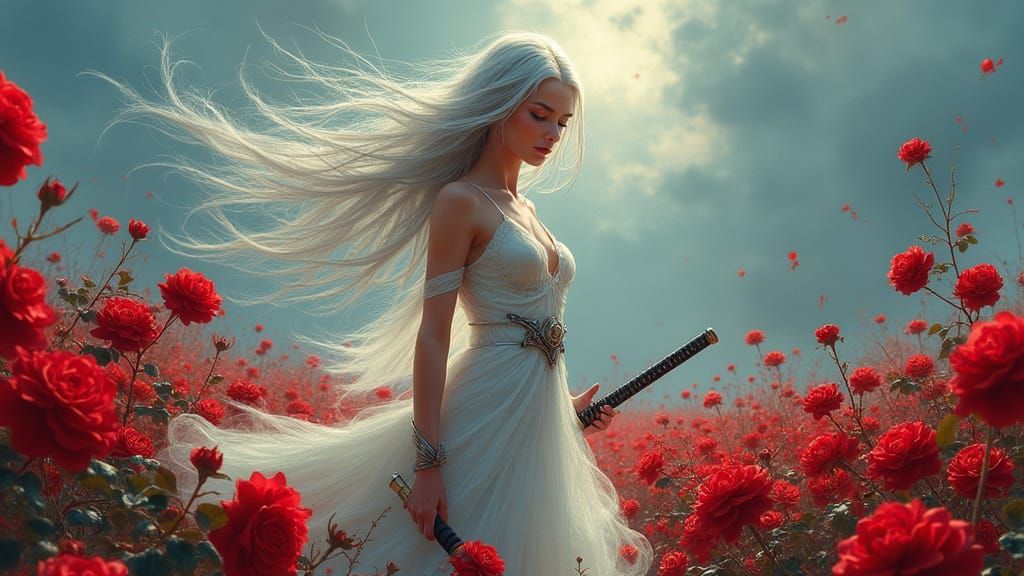 Ethereal Warrior Woman with Katana in Fantasy Art