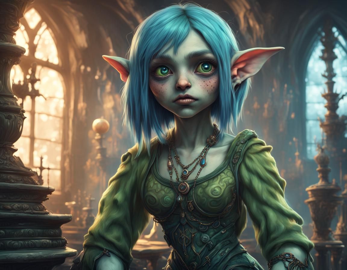 Cute Goblin Girl with Blue Hair in Digital Painting
