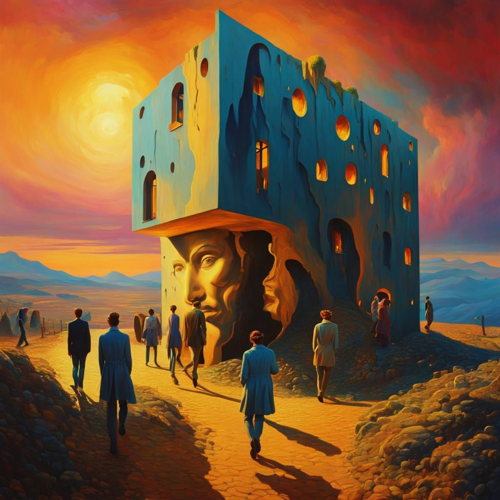 Surreal People Walking Through Walls in Dreamlike Scenery