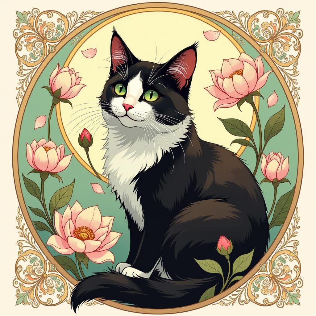 Cat Surrounded by Flowers in Art Nouveau Style