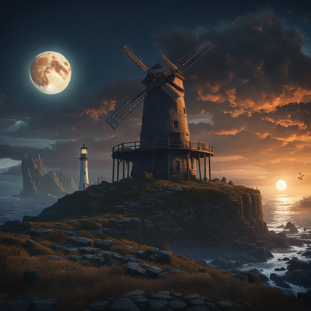 Moonlit Coastal Peninsula with Lighthouse, Matte Painting