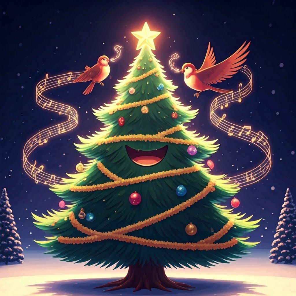 Joyful Christmas Tree in Anime Style with Singing Birds and...