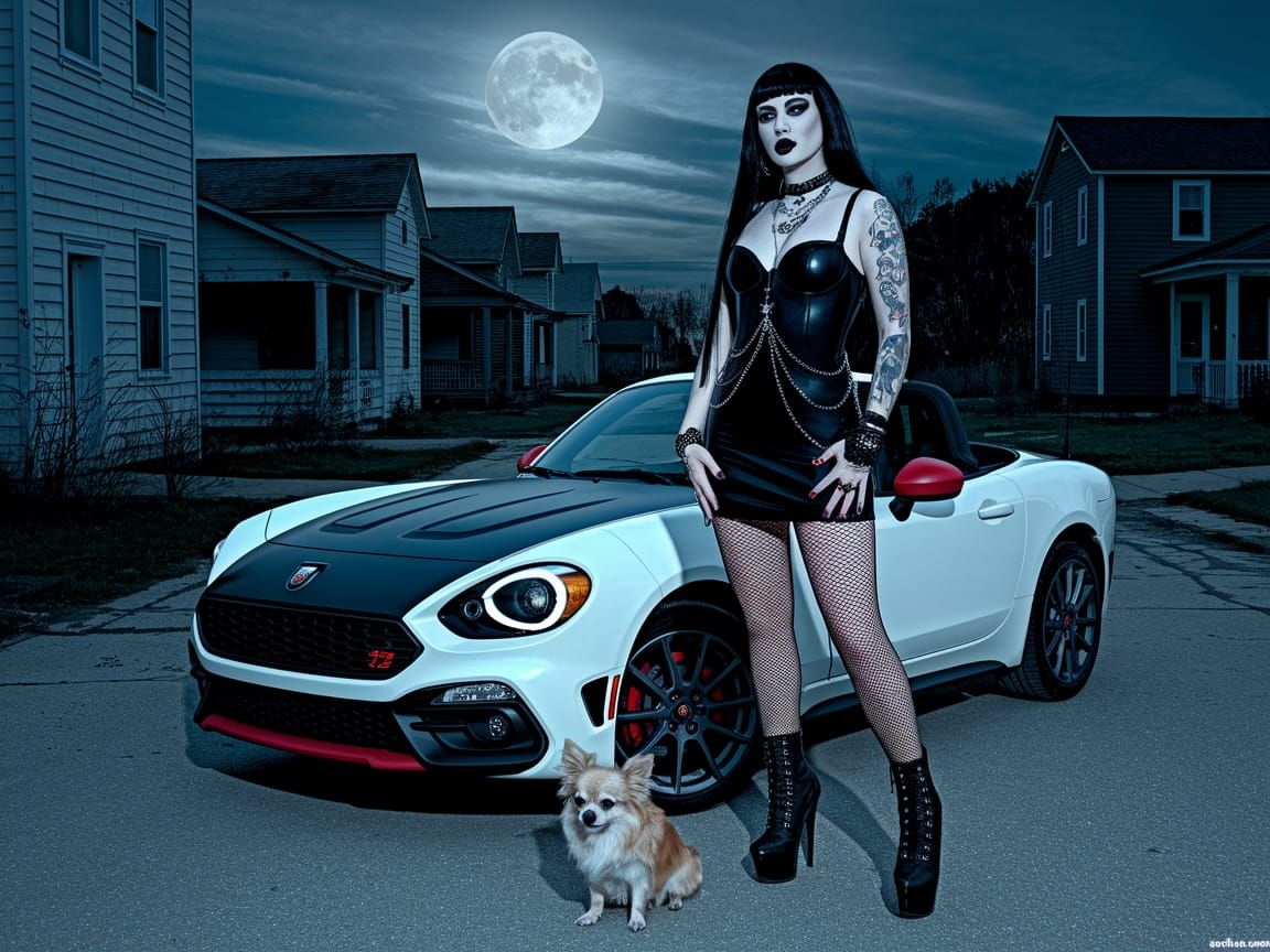 Gothic Woman Stands with Chihuahua in Abandoned Street