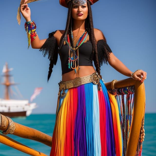 Rainbow Pirate Captain Sailing the Ocean in Art Nouveau Styl...