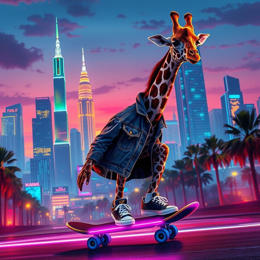 Giraffe in Neon-Lit Cityscape on High-Contrast Skateboard